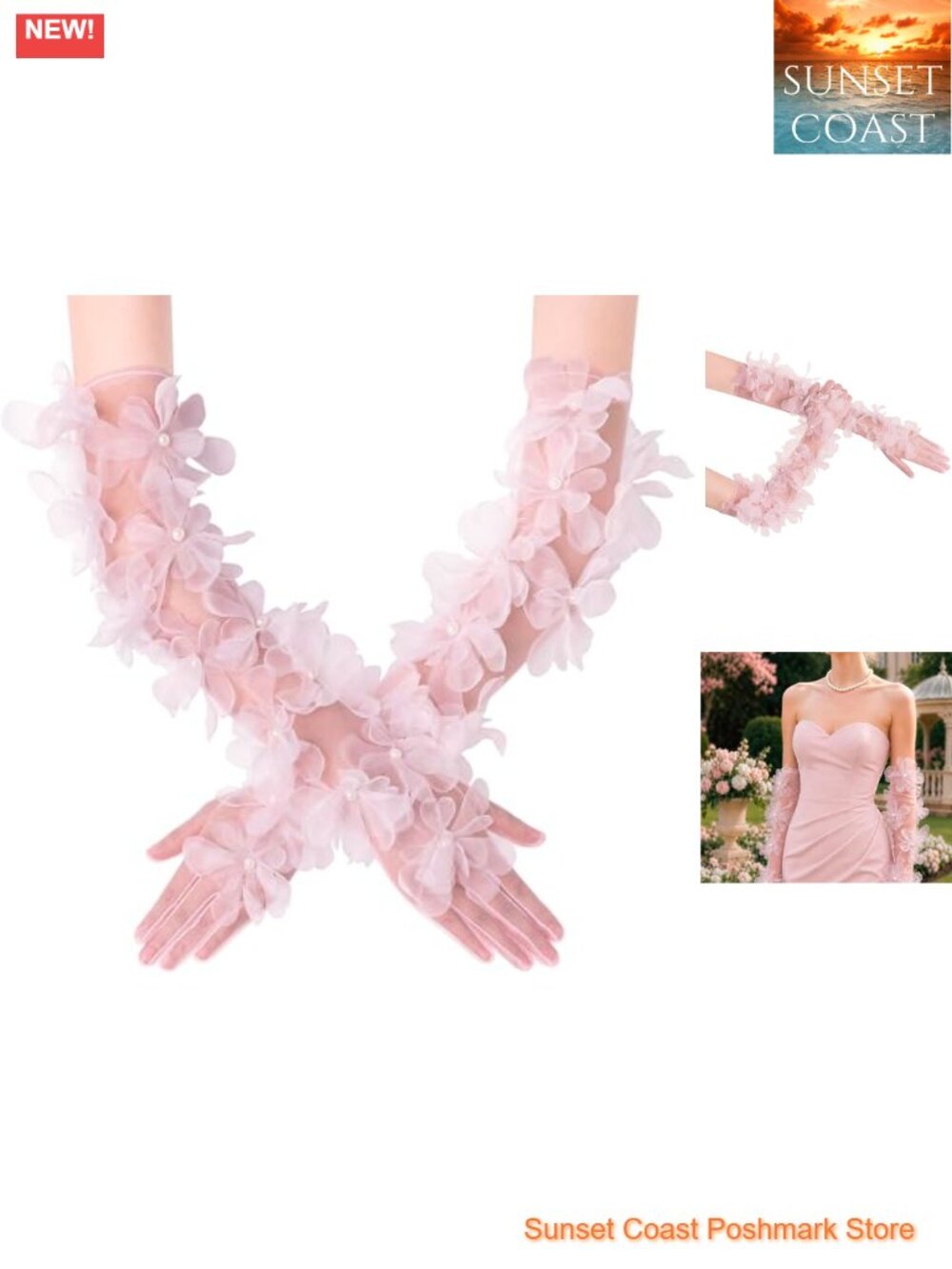 Long Tulle Tea Party Gloves with 3D Flowers & Faux Pearls